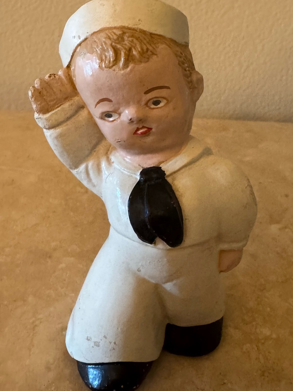 Rare WWII Era Hand Painted Details Chalkware Sailor Boy Figurine 6 inches.